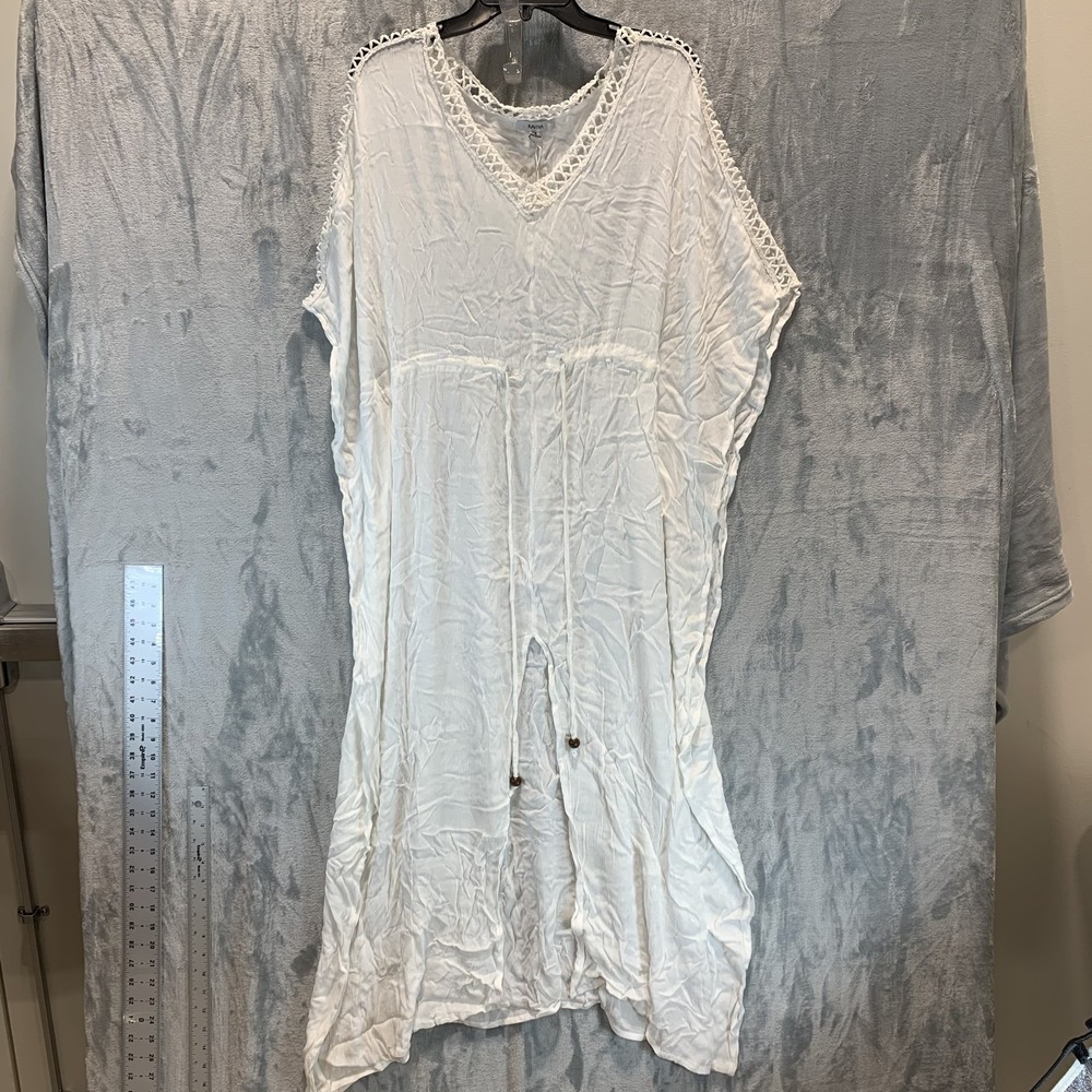 Raviya Women's Swim Cover Up Dress S Maxi Sheer White Crochet Drawstring Beach